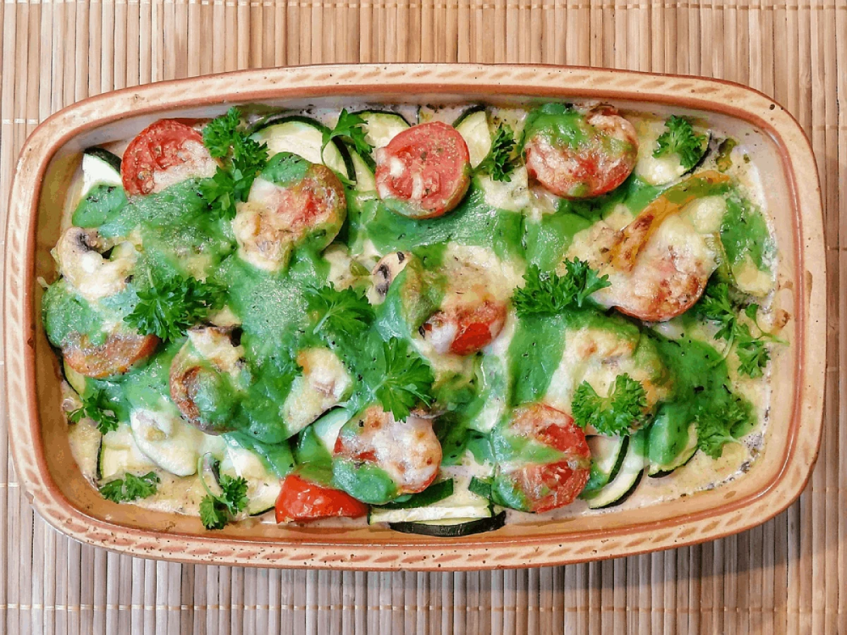 Naczynie z zapiekanką warzywną z pomidorami i cukinią